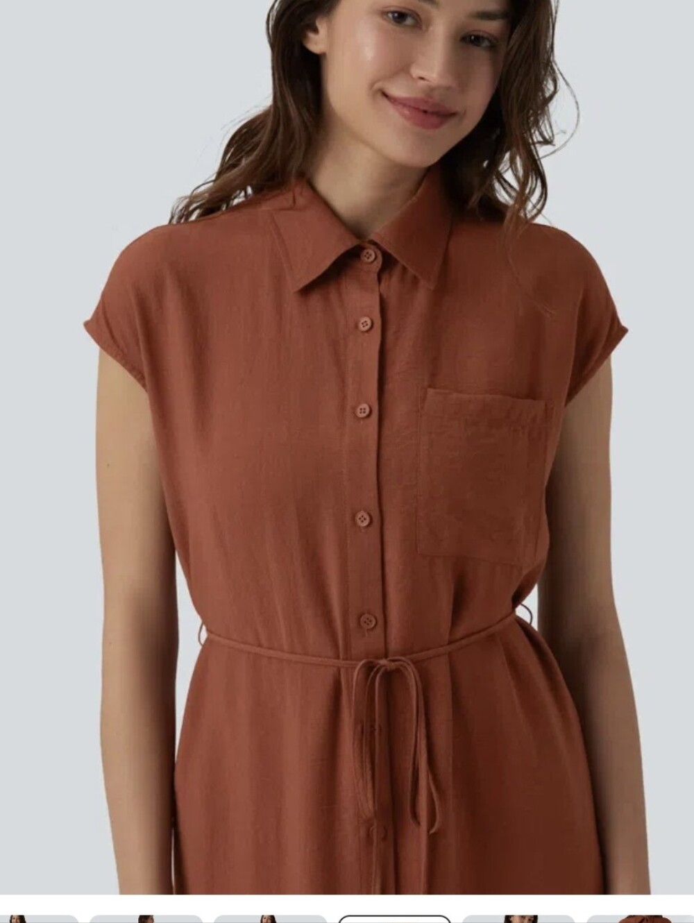 Collar Cap Sleeve Belted Curved Split Hem Midi Casual Shirt Dress - Burnt Orange - Picture 3 of 3